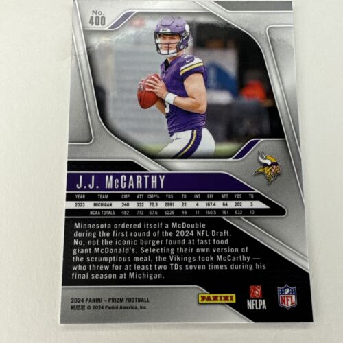 2024 Panini Prizm Football JJ McCarthy RC #400 Rookie Vikings SP PRIZM