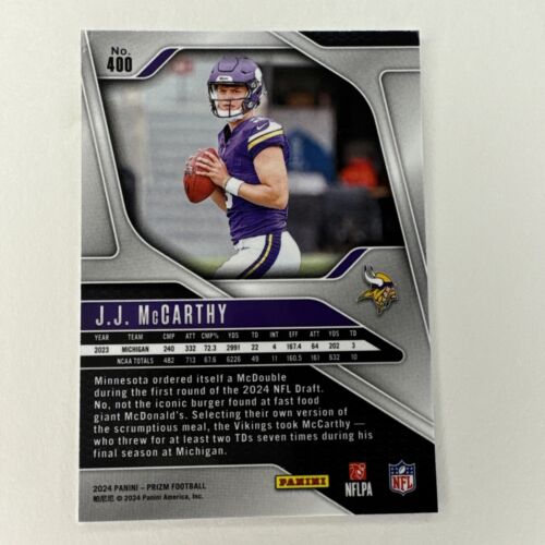 2024 Panini Prizm Football JJ McCarthy RC #400 Rookie Vikings SP PRIZM