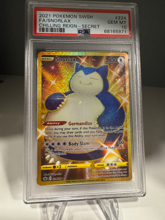 2021 POKEMON SWORD & SHIELD CHILLING REIGN SECRET #224 FULL ART/SNORLAX PSA 10
