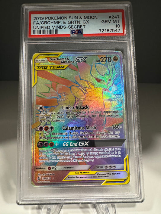 Pokemon PSA 10 Garchomp & Giratina GX 247/236 Unified Minds Rainbow Rare Mint